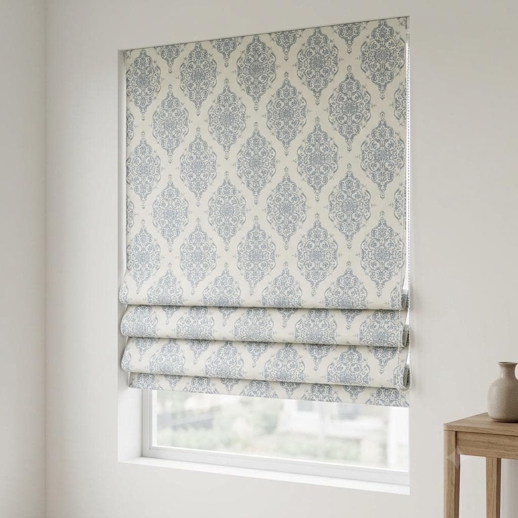 Dusty Blue Gray & Soft White Damask Jacquard Pure Linen Roman Shade, Custom Window Blind, Blackout or Light Filtering — image 1