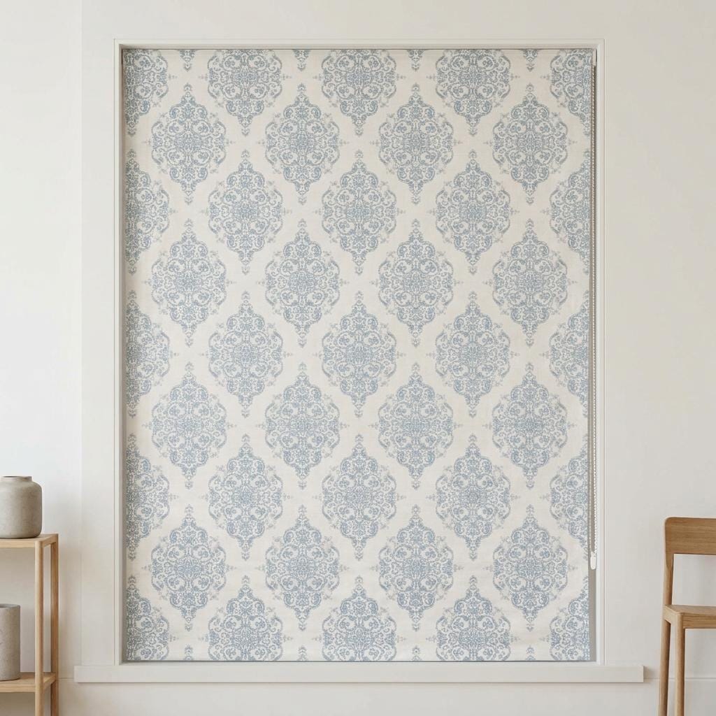 Dusty Blue Gray & Soft White Damask Jacquard Pure Linen Roman Shade, Custom Window Blind, Blackout or Light Filtering — image 3