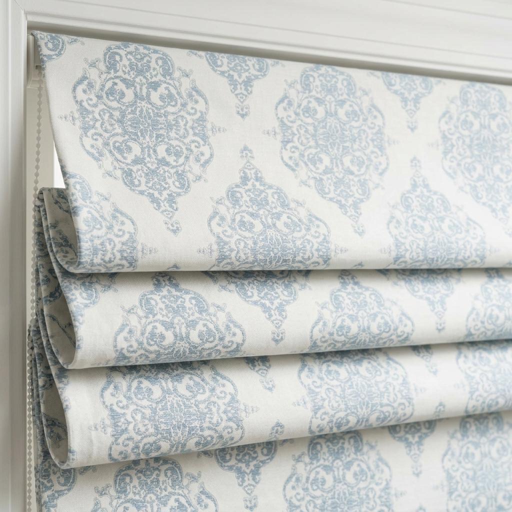 Dusty Blue Gray & Soft White Damask Jacquard Pure Linen Roman Shade, Custom Window Blind, Blackout or Light Filtering — image 4