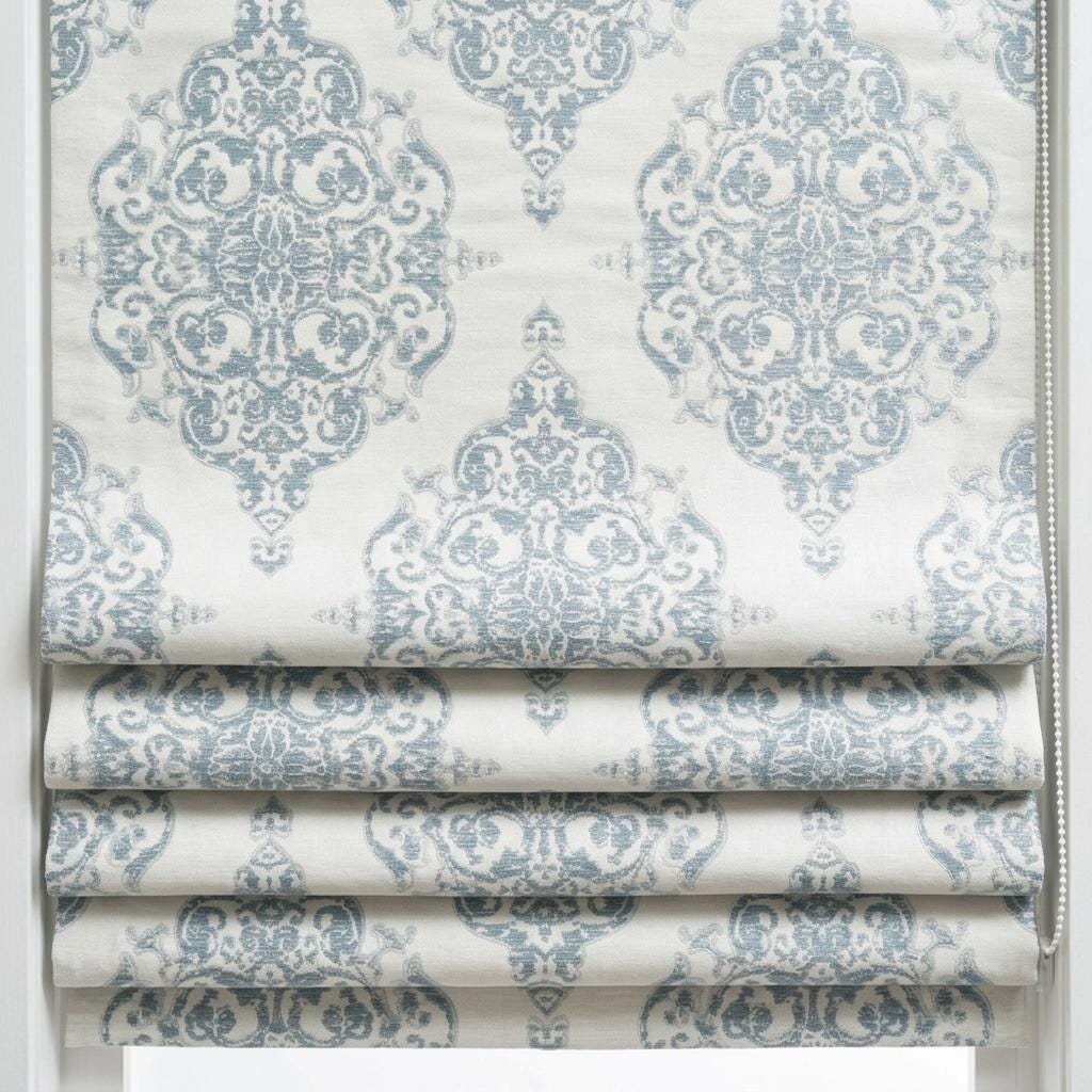 Dusty Blue Gray & Soft White Damask Jacquard Pure Linen Roman Shade, Custom Window Blind, Blackout or Light Filtering — image 1