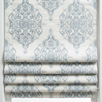 Dusty Blue Gray & Soft White Damask Jacquard Pure Linen Roman Shade, Custom Window Blind, Blackout or Light Filtering — image 1