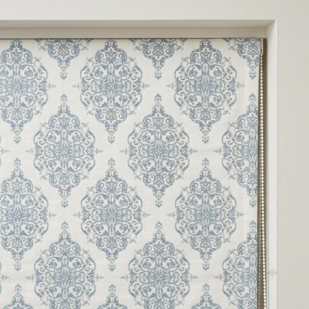 Dusty Blue Gray & Soft White Damask Jacquard Pure Linen Roman Shade, Custom Window Blind, Blackout or Light Filtering — image 8