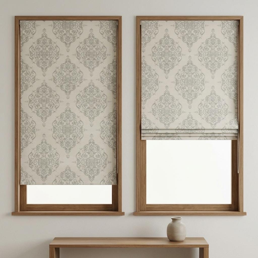 Beige Gray Damask Pure Linen Roman Shade, Custom Jacquard Roman Blind, Blackout or Light Filtering — image 3
