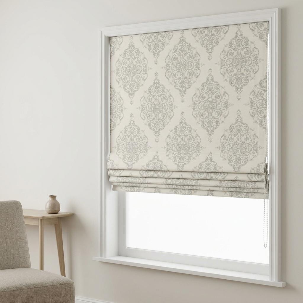 Beige Gray Damask Pure Linen Roman Shade, Custom Jacquard Roman Blind, Blackout or Light Filtering — image 8