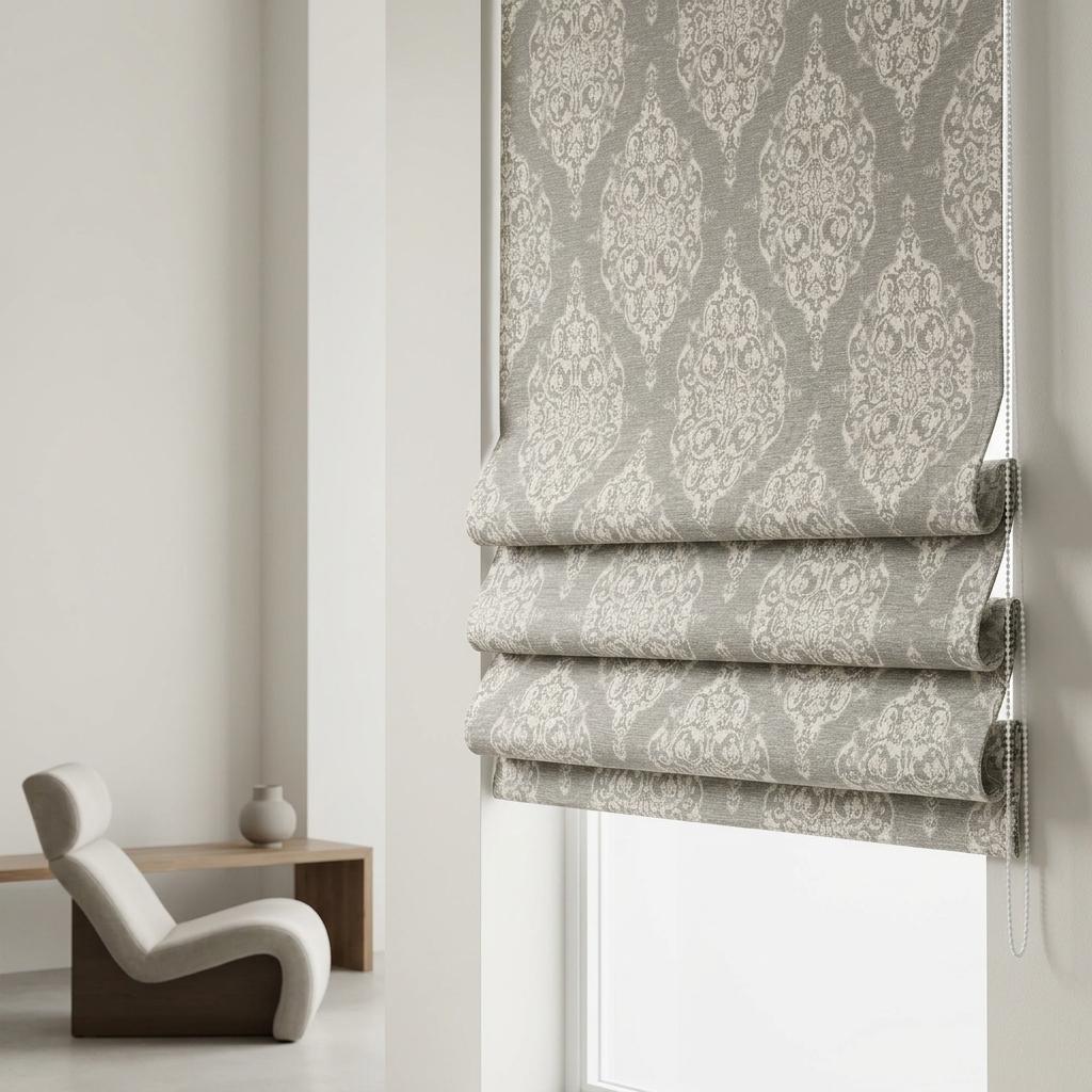 Gray Ivory Damask Pure Linen Roman Shade, Custom Jacquard Window Blind, Blackout or Light Filtering — image 3