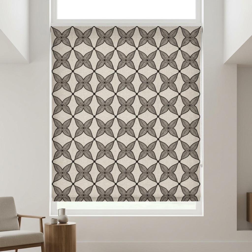 Black Charcoal & Natural Pure Linen Roman Shade, Embroidered Geometric Floral Custom Roman Blind, Blackout or Light Filtering — image 1