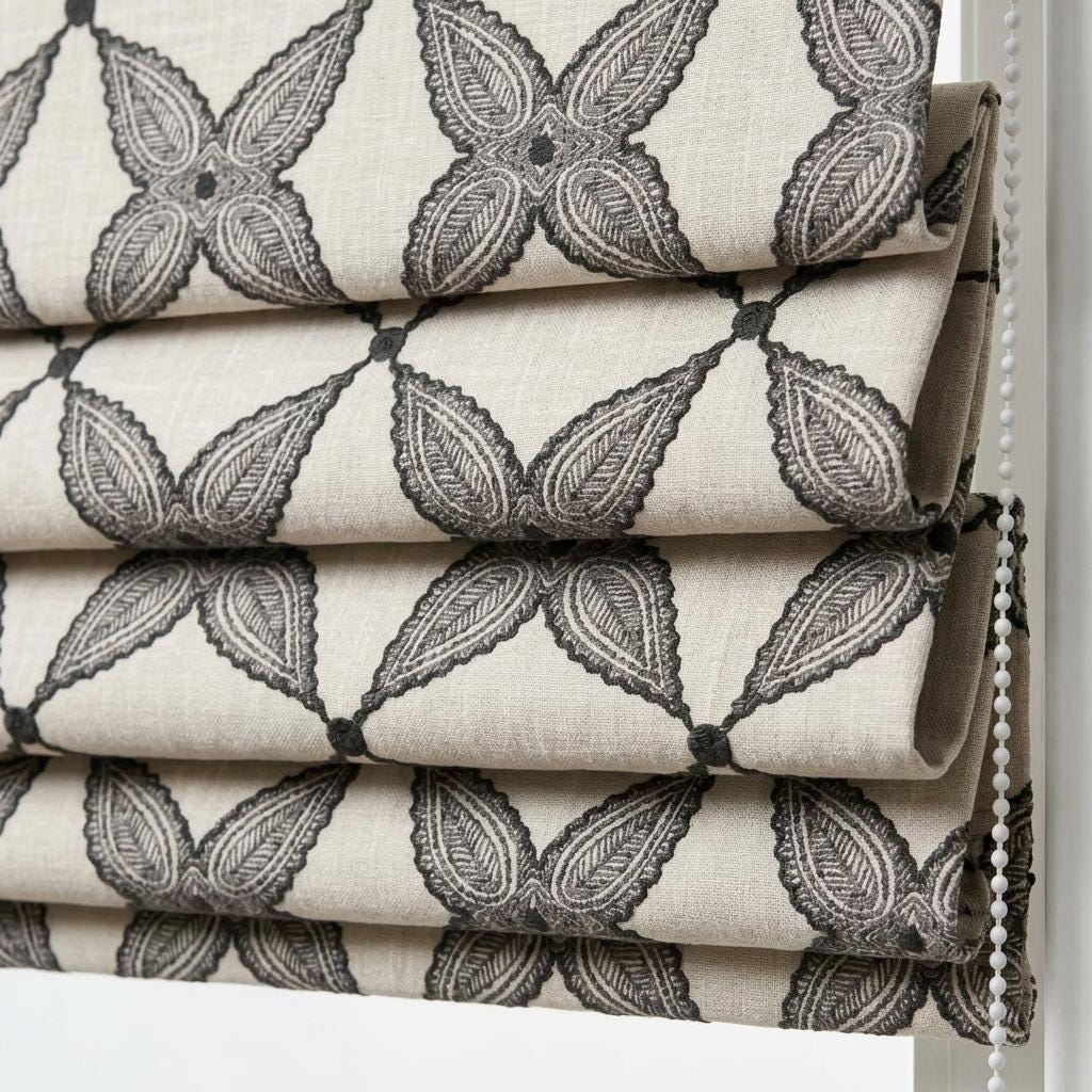 Black Charcoal & Natural Pure Linen Roman Shade, Embroidered Geometric Floral Custom Roman Blind, Blackout or Light Filtering — image 1