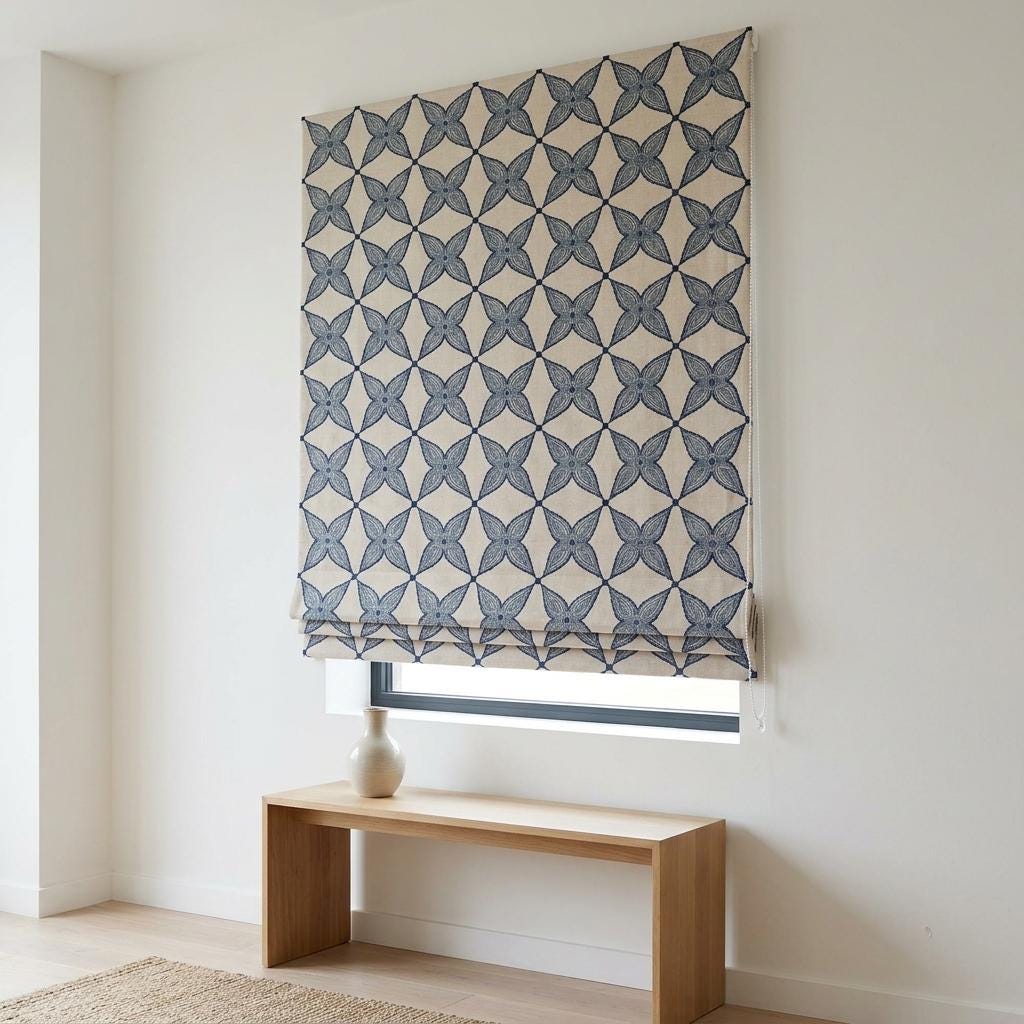 Navy Blue Natural Linen Roman Shade, Embroidered Geometric Floral Custom Blind, Blackout or Light Filtering — image 2
