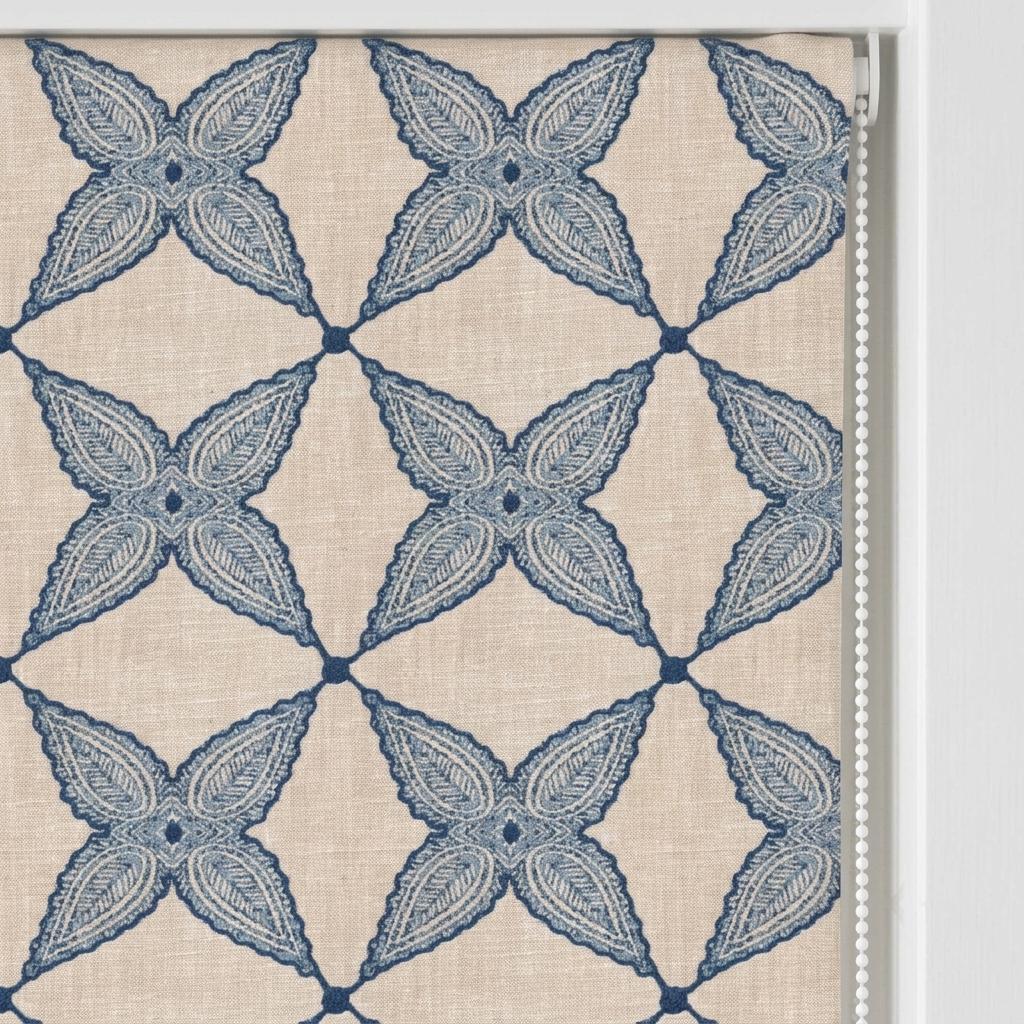 Navy Blue Natural Linen Roman Shade, Embroidered Geometric Floral Custom Blind, Blackout or Light Filtering — image 5