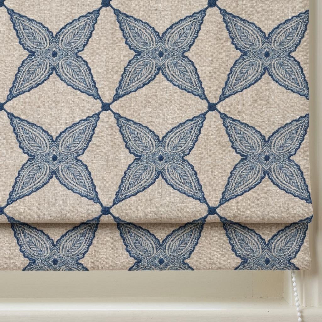 Navy Blue Natural Linen Roman Shade, Embroidered Geometric Floral Custom Blind, Blackout or Light Filtering — image 1