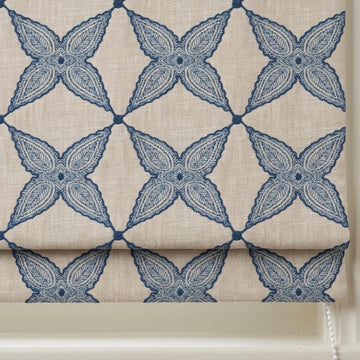 Navy Blue Natural Linen Roman Shade, Embroidered Geometric Floral Custom Blind, Blackout or Light Filtering — image 1