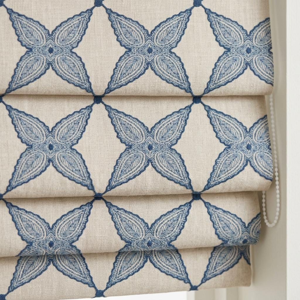 Navy Blue Natural Linen Roman Shade, Embroidered Geometric Floral Custom Blind, Blackout or Light Filtering — image 6
