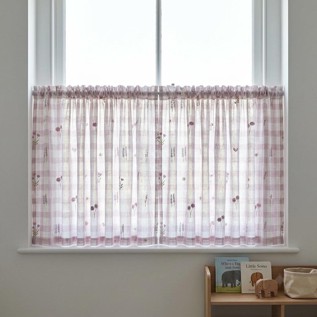 White Blush Lilac Plaid Pure Linen Sheer Curtains, Embroidered Wildflower Drapes, Custom Light Filtering Panels — image 9