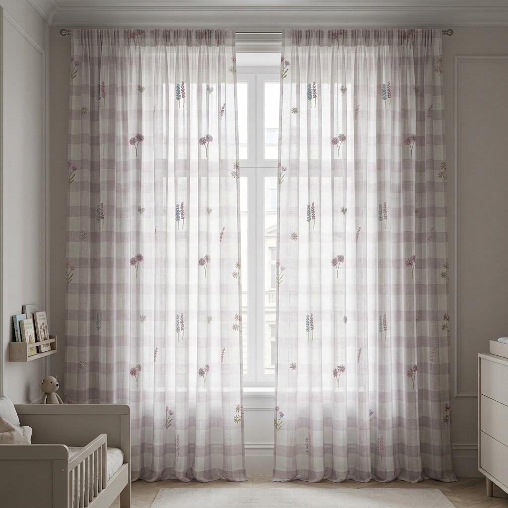 White Blush Lilac Plaid Pure Linen Sheer Curtains, Embroidered Wildflower Drapes, Custom Light Filtering Panels — image 8