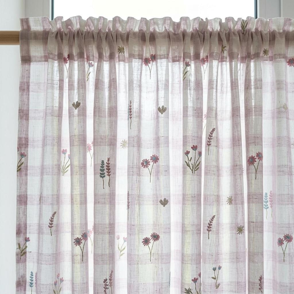 White Blush Lilac Plaid Pure Linen Sheer Curtains, Embroidered Wildflower Drapes, Custom Light Filtering Panels — image 4
