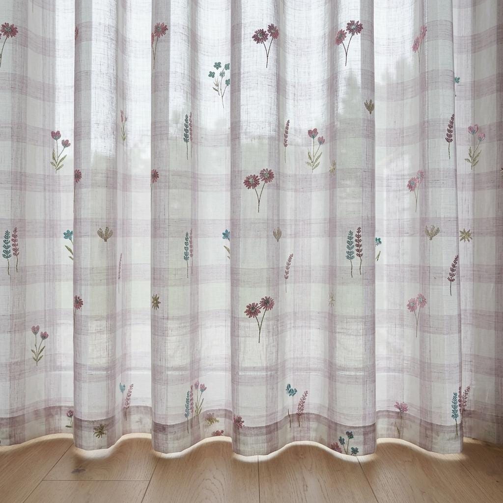 White Blush Lilac Plaid Pure Linen Sheer Curtains, Embroidered Wildflower Drapes, Custom Light Filtering Panels — image 5