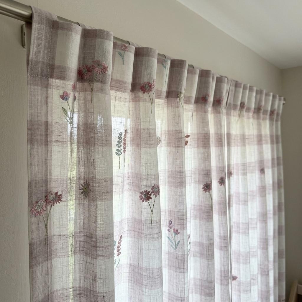 White Blush Lilac Plaid Pure Linen Sheer Curtains, Embroidered Wildflower Drapes, Custom Light Filtering Panels — image 10