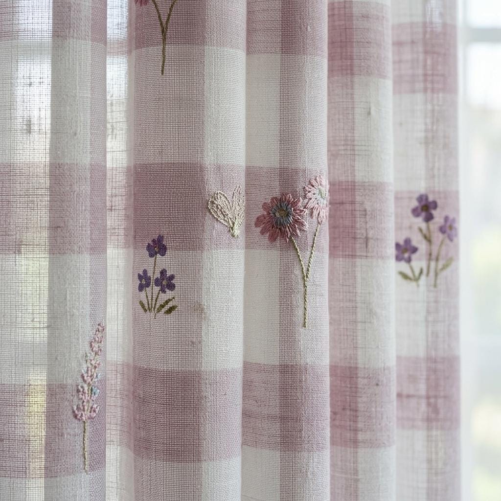 White Blush Lilac Plaid Pure Linen Sheer Curtains, Embroidered Wildflower Drapes, Custom Light Filtering Panels — image 1