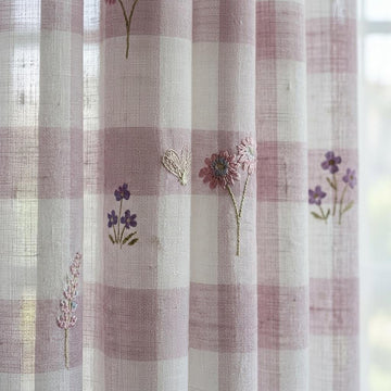 White Blush Lilac Plaid Pure Linen Sheer Curtains, Embroidered Wildflower Drapes, Custom Light Filtering Panels — image 1