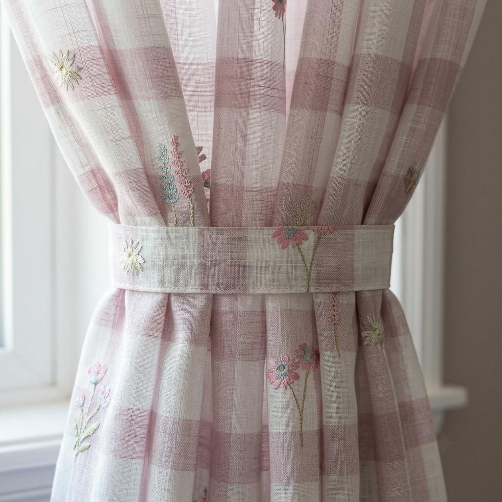 White Blush Lilac Plaid Pure Linen Sheer Curtains, Embroidered Wildflower Drapes, Custom Light Filtering Panels — image 3