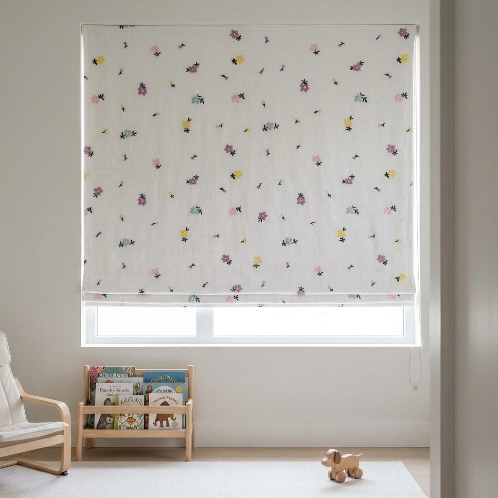 Soft White Linen Roman Shade, Pink Purple Embroidered Wildflower Nursery Blind, Custom Blackout or Light Filtering — image 1