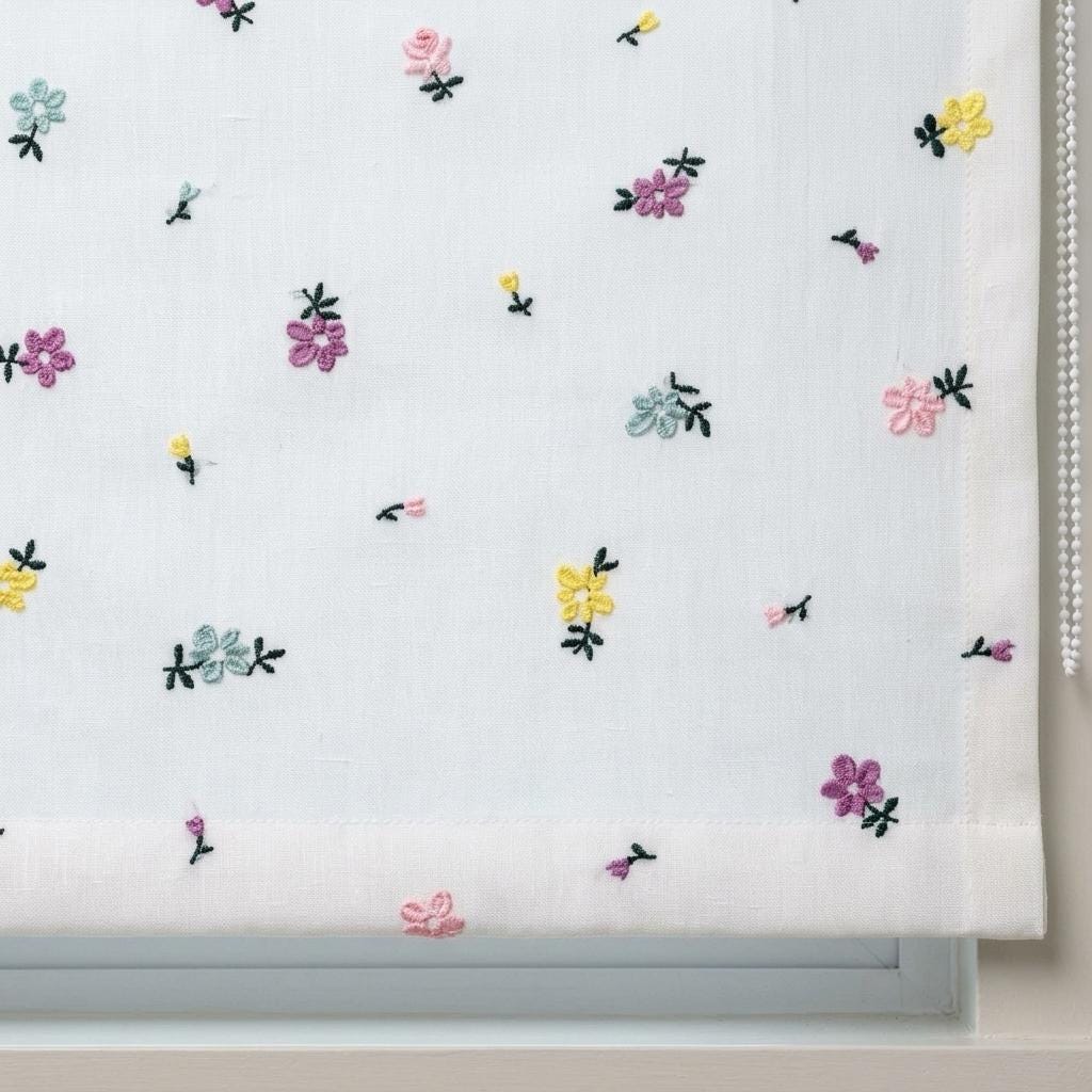 Soft White Linen Roman Shade, Pink Purple Embroidered Wildflower Nursery Blind, Custom Blackout or Light Filtering — image 7