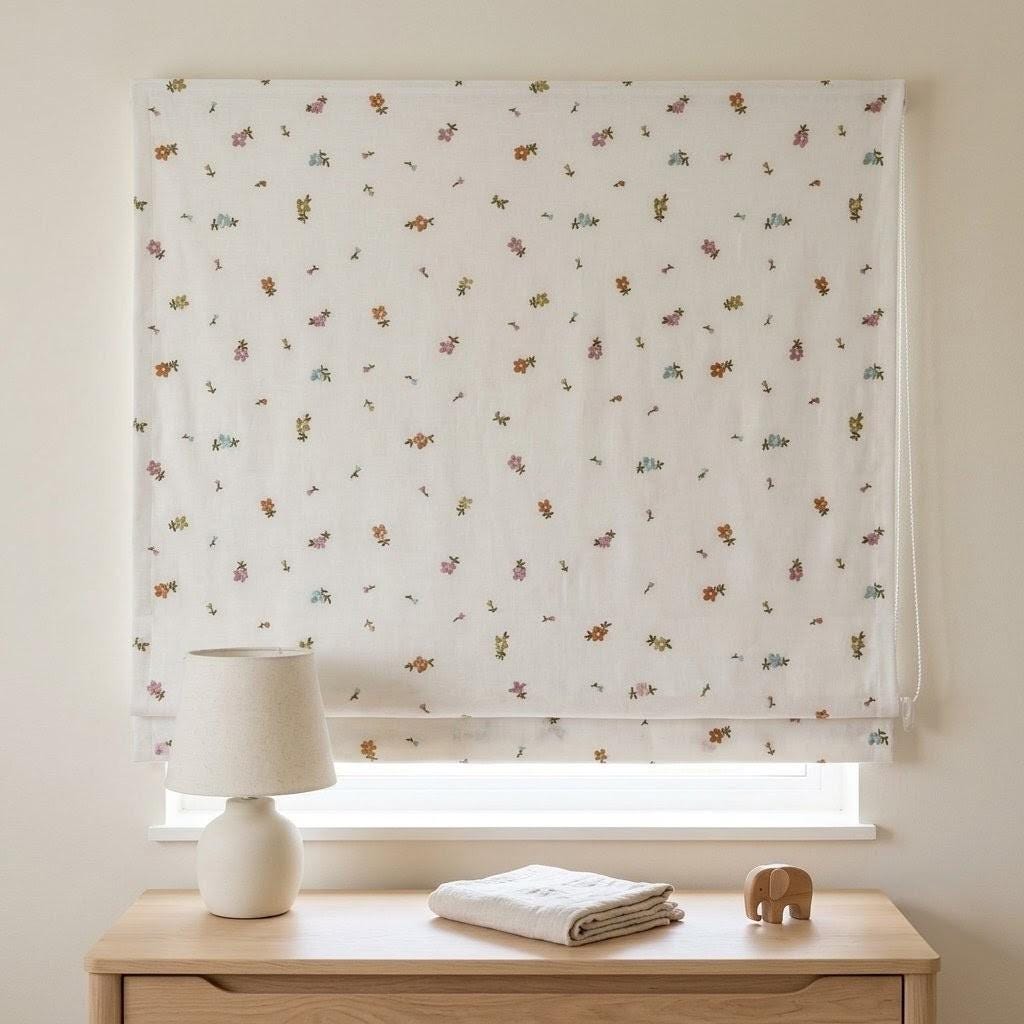 Soft White Linen Roman Shade, Multicolor Pastel Embroidered Wildflower Nursery Blind, Custom Blackout or Light Filtering — image 1