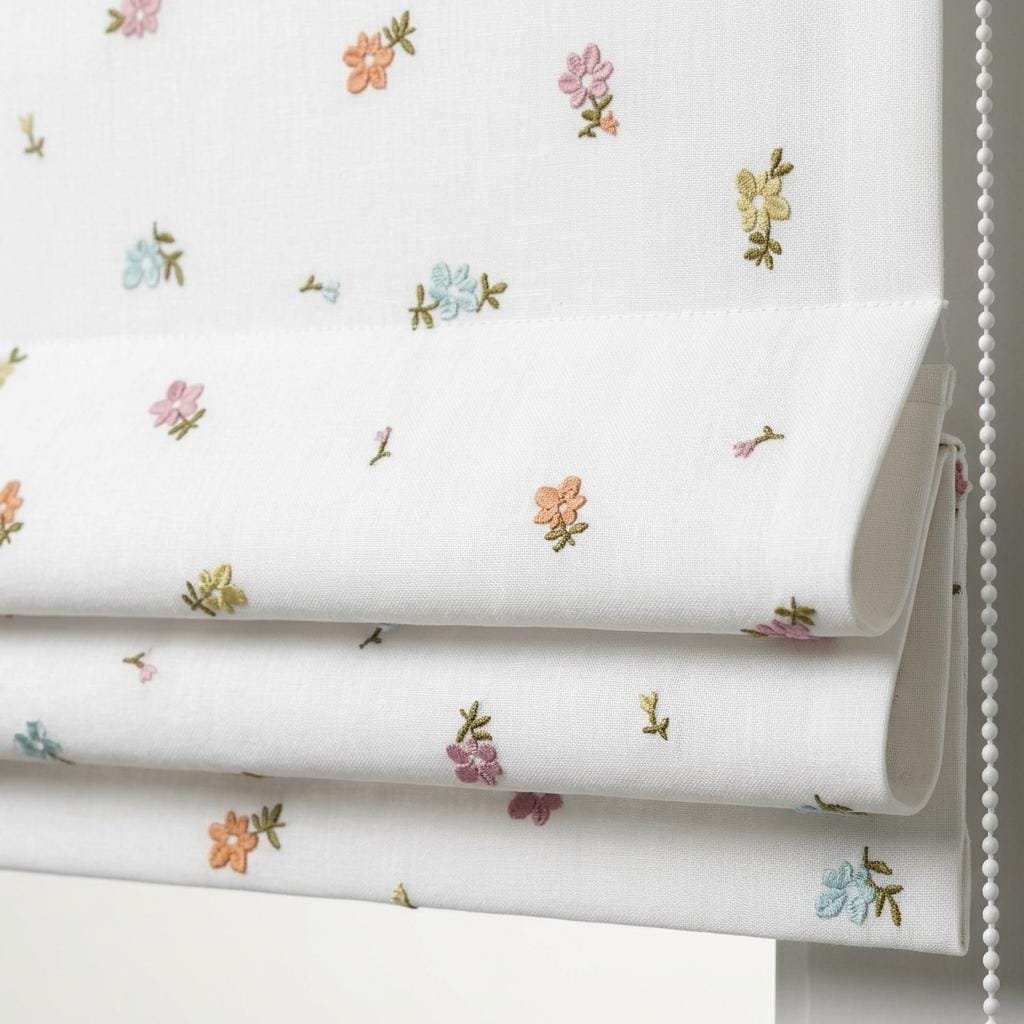Soft White Linen Roman Shade, Multicolor Pastel Embroidered Wildflower Nursery Blind, Custom Blackout or Light Filtering — image 1
