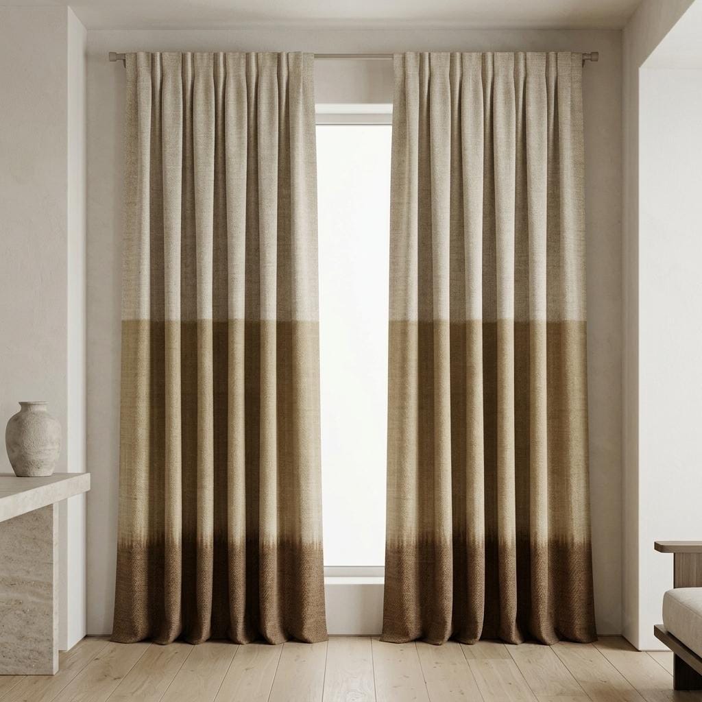 Oatmeal Beige & Camel Brown 3-Tone Color Block Linen Curtains, Heavy Custom Drapes, Blackout Option, Extra Long Panels — image 1