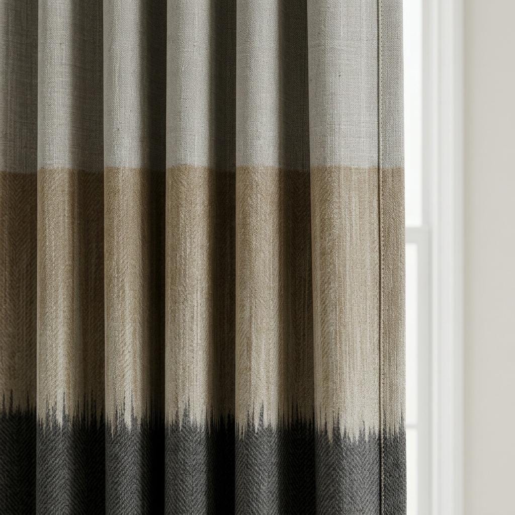 Greige, Taupe & Charcoal Color Block Linen Curtains, Custom Drapes, Blackout Option, Extra Long — image 1
