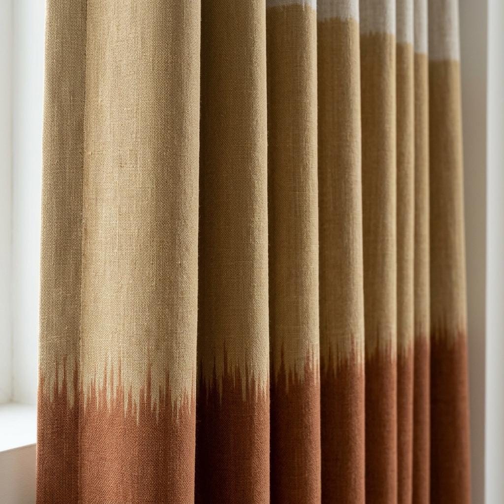 Heavy Linen Curtains, Oatmeal Camel & Rust Color Block, Custom Blackout, Extra Long Panels — image 2