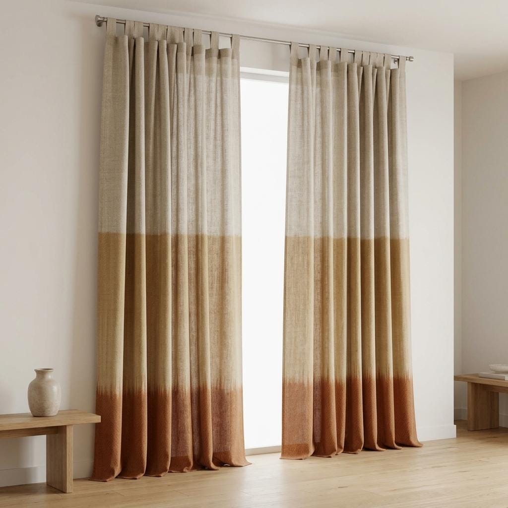 Heavy Linen Curtains, Oatmeal Camel & Rust Color Block, Custom Blackout, Extra Long Panels — image 1