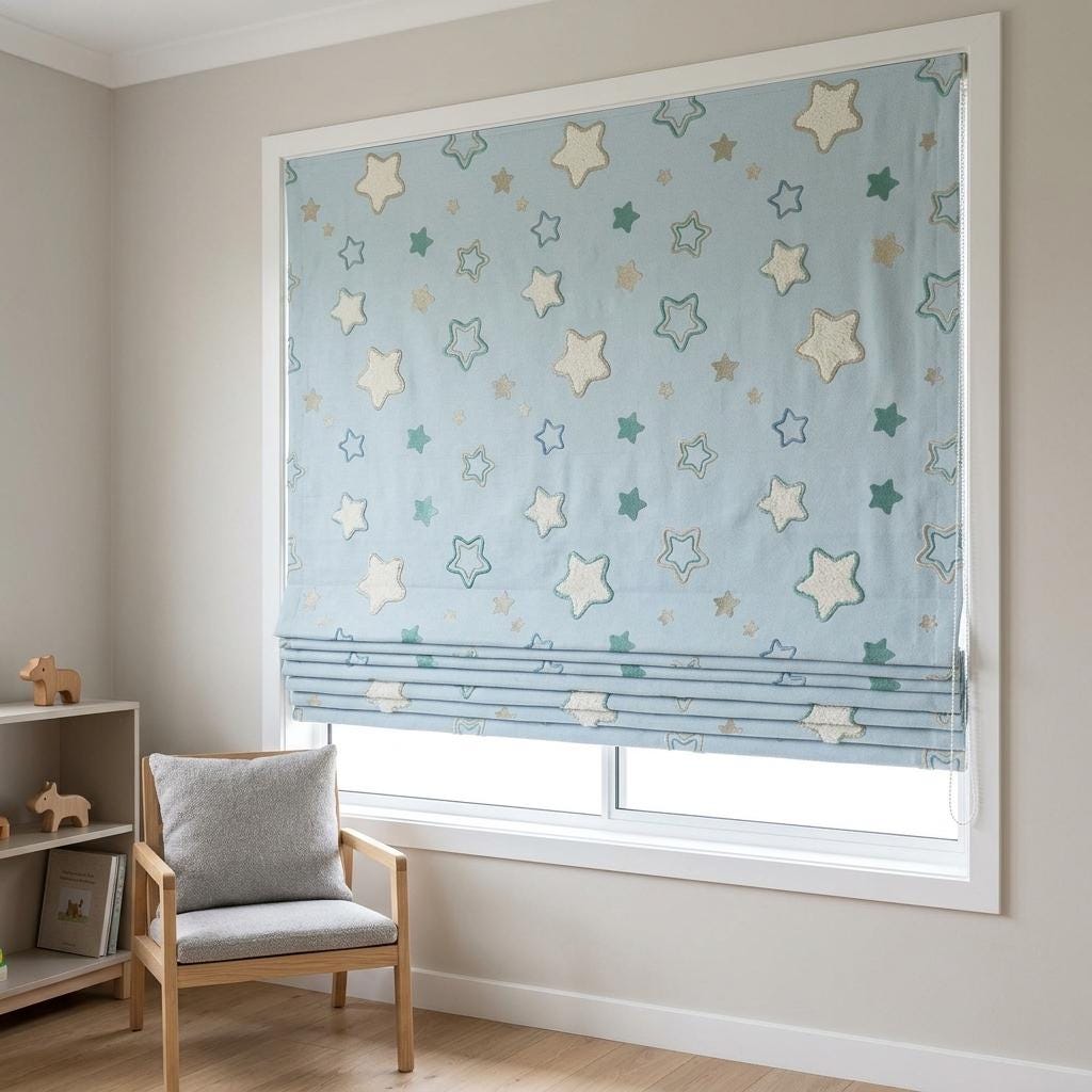 Pale Blue Linen Roman Shade, Green White Embroidered Star Nursery Blind, Custom Blackout or Light Filtering — image 4