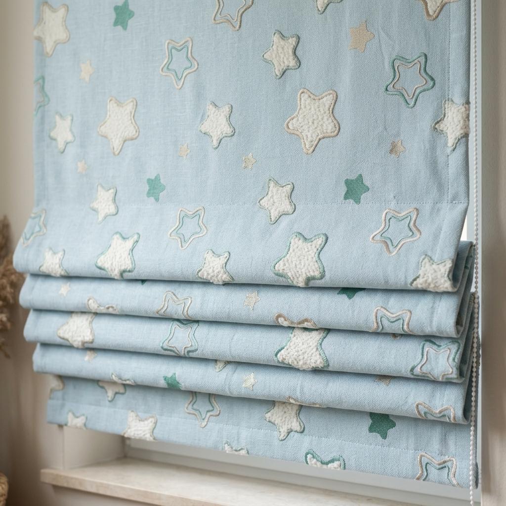 Pale Blue Linen Roman Shade, Green White Embroidered Star Nursery Blind, Custom Blackout or Light Filtering — image 1