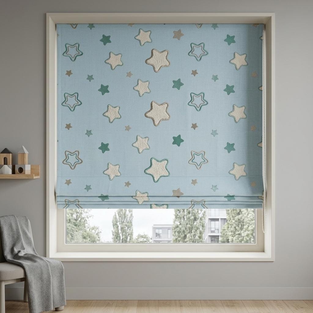 Pale Blue Linen Roman Shade, Green White Embroidered Star Nursery Blind, Custom Blackout or Light Filtering — image 8