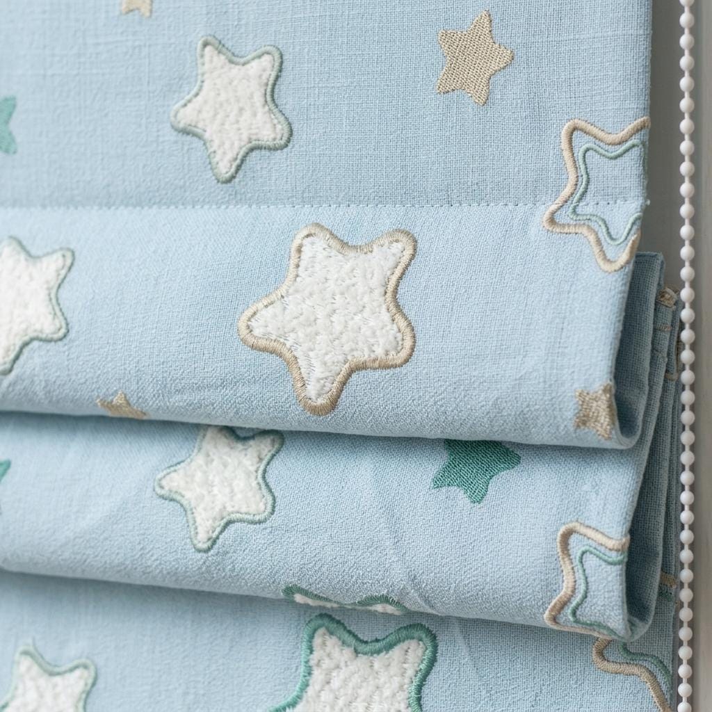 Pale Blue Linen Roman Shade, Green White Embroidered Star Nursery Blind, Custom Blackout or Light Filtering — image 1