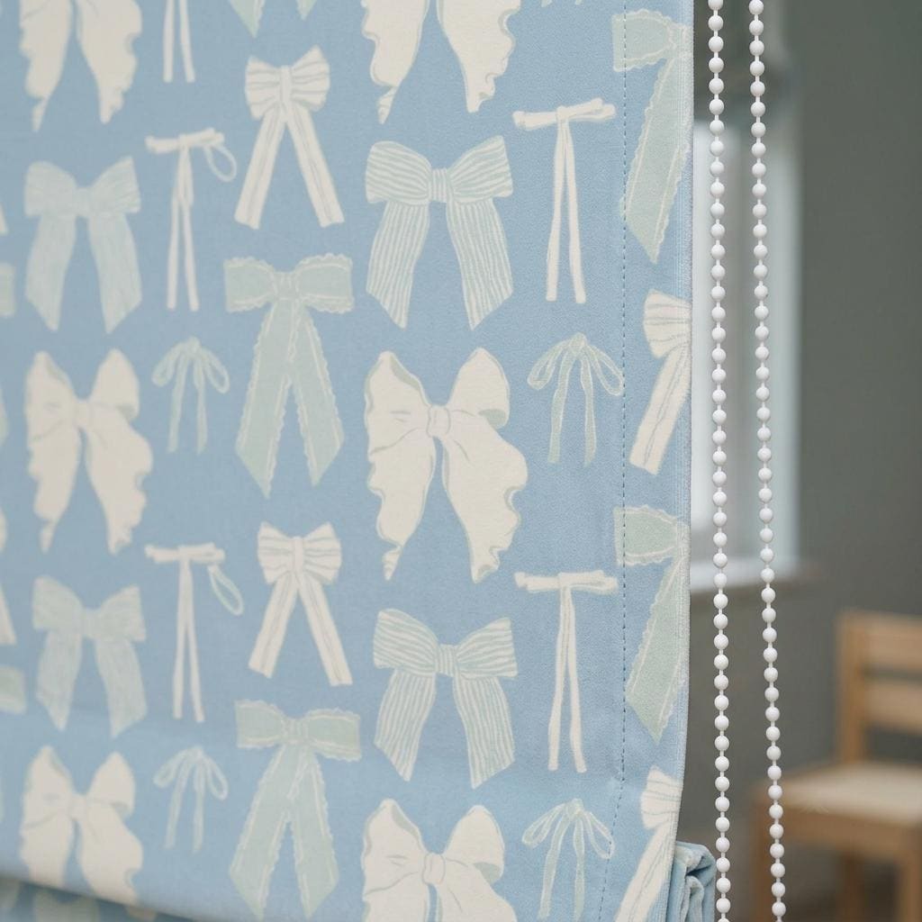 Powder Blue Velvet Roman Shade, White Mint Bow Nursery Blind, Coquette Custom Blackout or Light Filtering — image 4