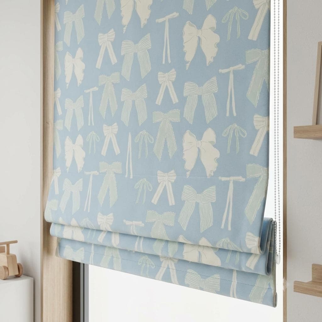Powder Blue Velvet Roman Shade, White Mint Bow Nursery Blind, Coquette Custom Blackout or Light Filtering — image 1