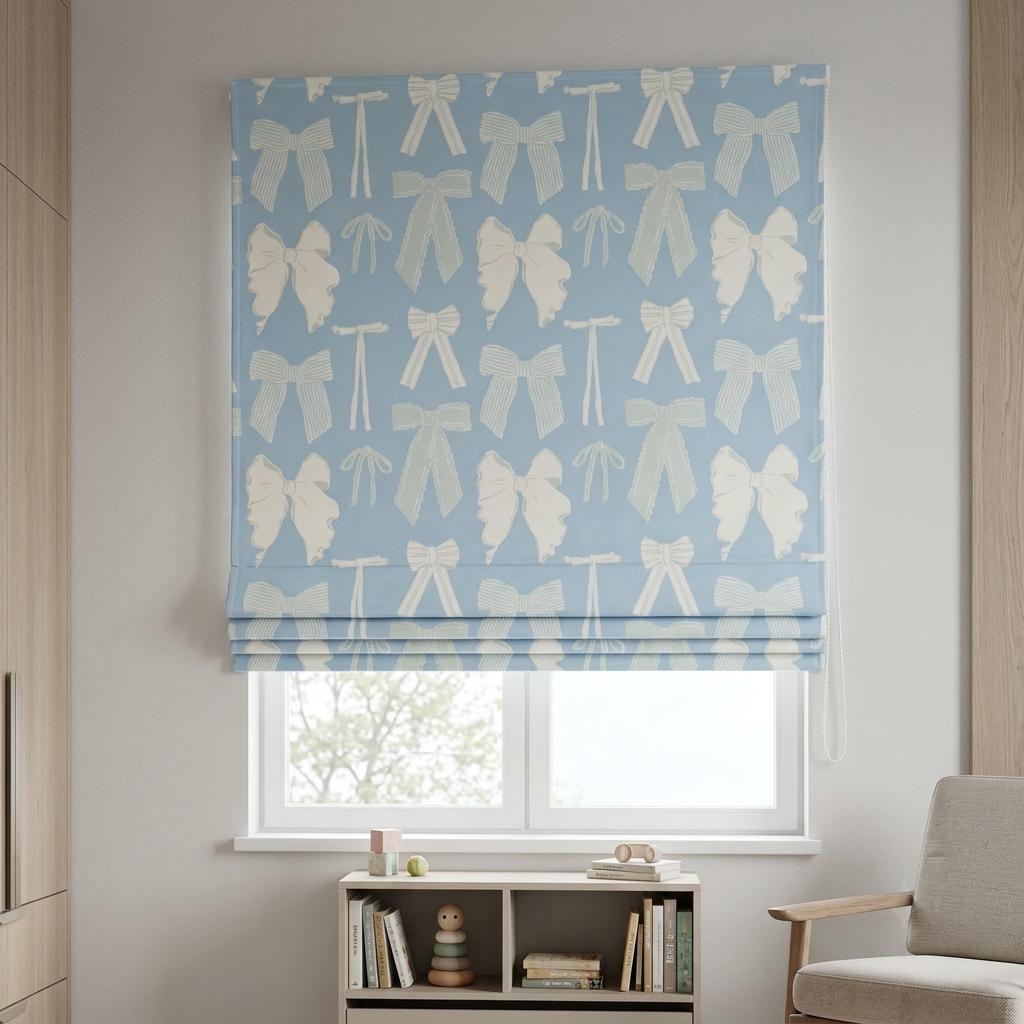 Powder Blue Velvet Roman Shade, White Mint Bow Nursery Blind, Coquette Custom Blackout or Light Filtering — image 3