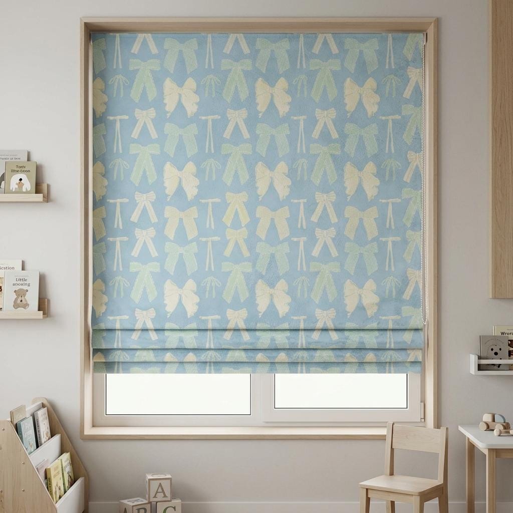 Powder Blue Velvet Roman Shade, White Mint Bow Nursery Blind, Coquette Custom Blackout or Light Filtering — image 9