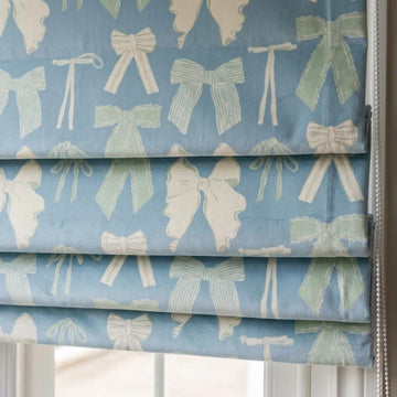 Powder Blue Velvet Roman Shade, White Mint Bow Nursery Blind, Coquette Custom Blackout or Light Filtering — image 1