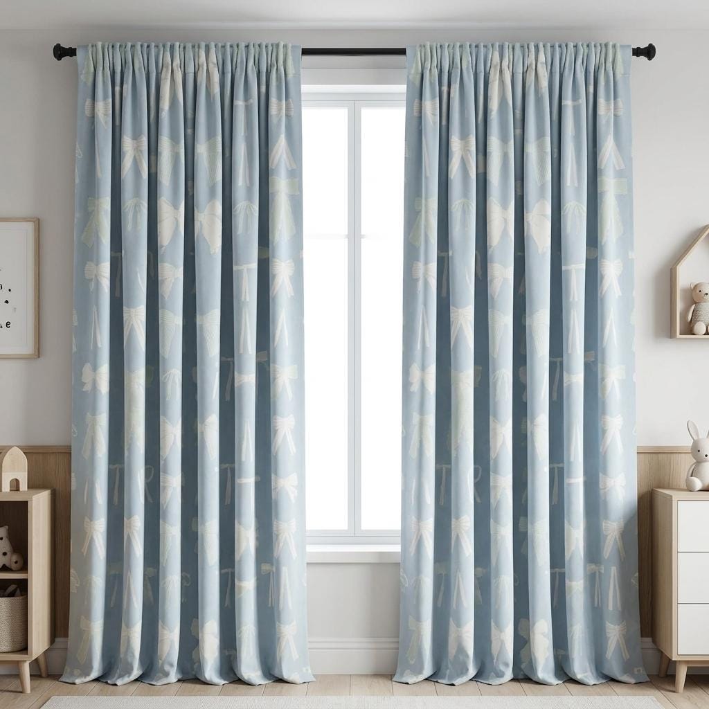 Bow Velvet Nursery Curtains, Powder Blue Coquette Ribbon Kids Room Drapes, Custom Blackout Window Panels — image 3