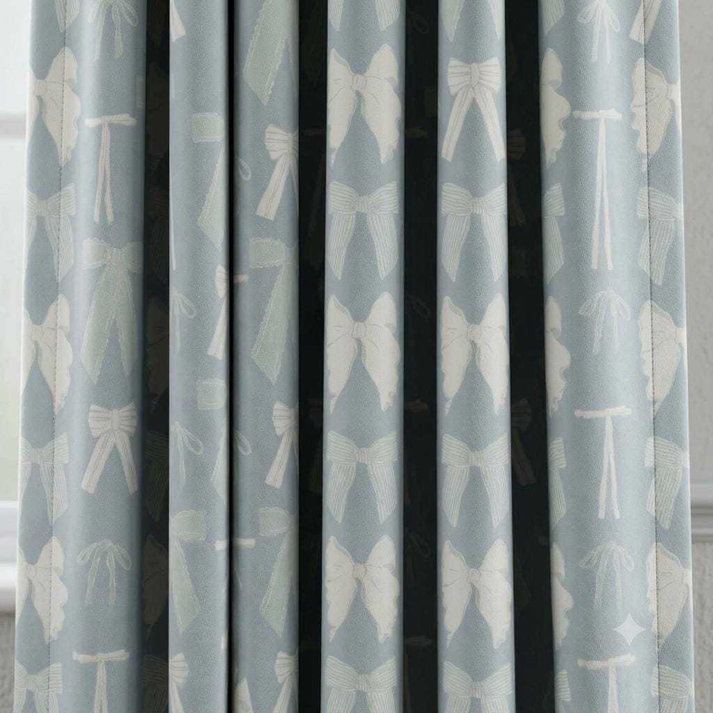 Bow Velvet Nursery Curtains, Powder Blue Coquette Ribbon Kids Room Drapes, Custom Blackout Window Panels — image 6
