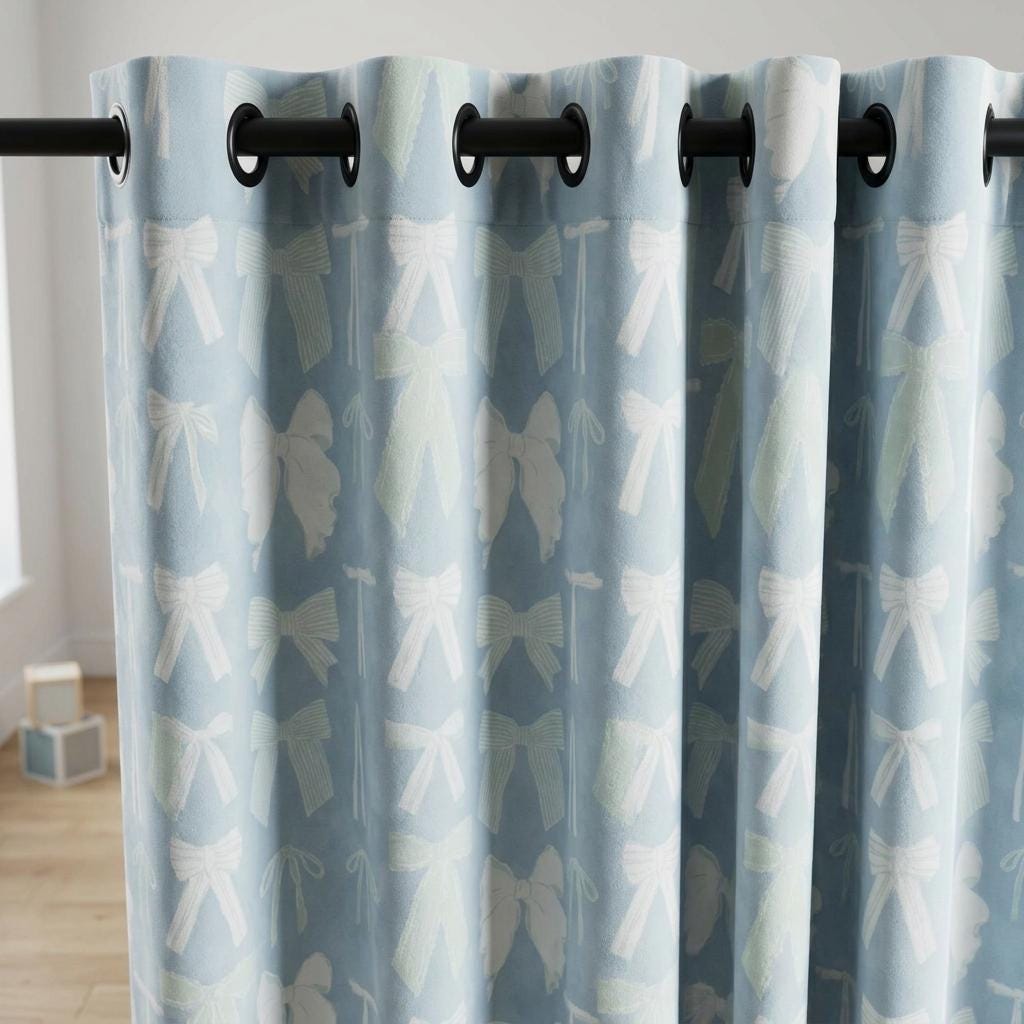 Bow Velvet Nursery Curtains, Powder Blue Coquette Ribbon Kids Room Drapes, Custom Blackout Window Panels — image 8