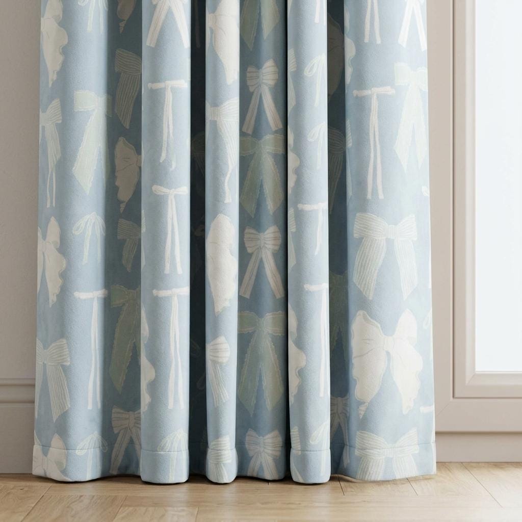 Bow Velvet Nursery Curtains, Powder Blue Coquette Ribbon Kids Room Drapes, Custom Blackout Window Panels — image 4