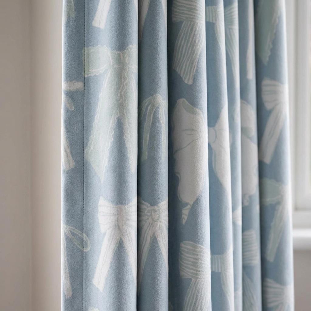 Bow Velvet Nursery Curtains, Powder Blue Coquette Ribbon Kids Room Drapes, Custom Blackout Window Panels — image 1