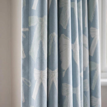 Bow Velvet Nursery Curtains, Powder Blue Coquette Ribbon Kids Room Drapes, Custom Blackout Window Panels — image 1