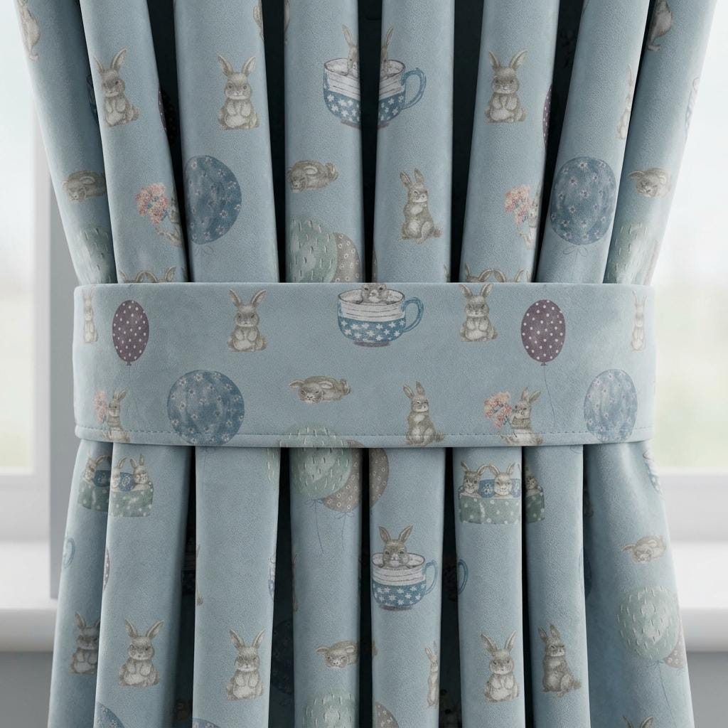 Bunny Velvet Nursery Curtains, Pale Blue Rabbit Balloon Kids Room Drapes, Custom Blackout Panels — image 1
