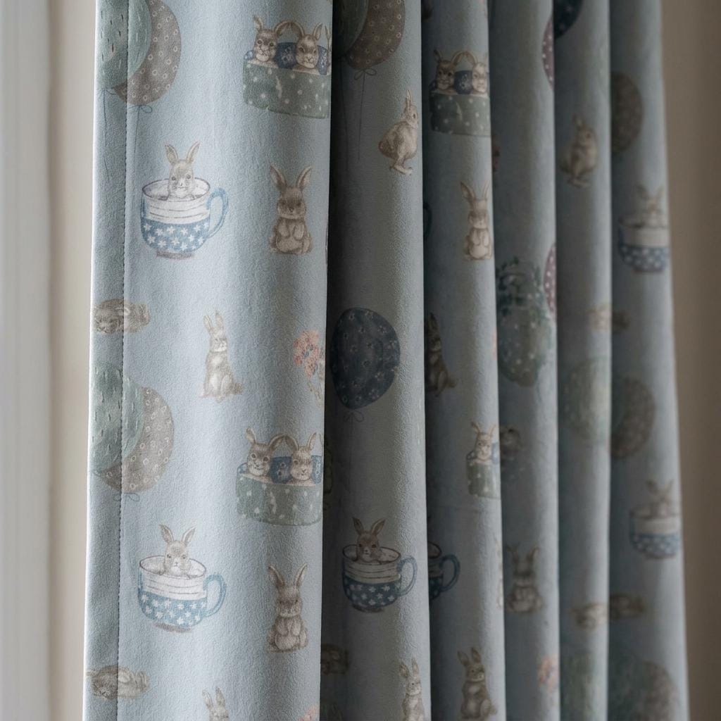 Bunny Velvet Nursery Curtains, Pale Blue Rabbit Balloon Kids Room Drapes, Custom Blackout Panels — image 1