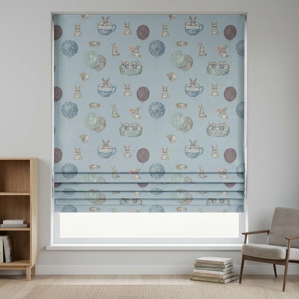 Powder Blue Velvet Roman Shade, Bunny Rabbit Nursery Blind, Balloon Kids Window Shade, Blackout or Light Filtering — image 4
